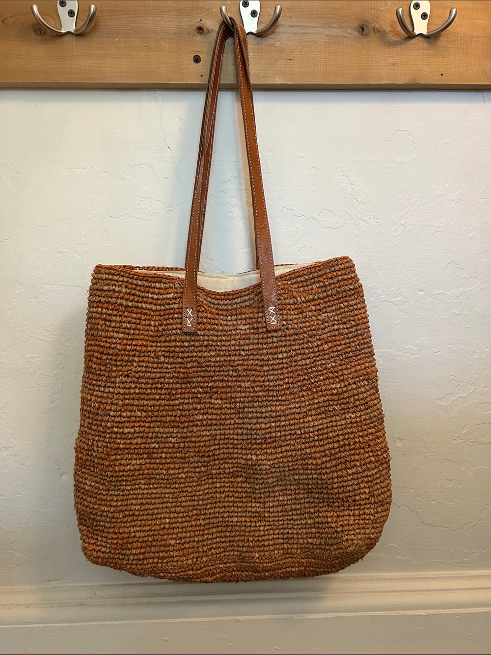 Handwoven Raffia Tote with Brown Leather Straps - Rust - Picture 3 of 3